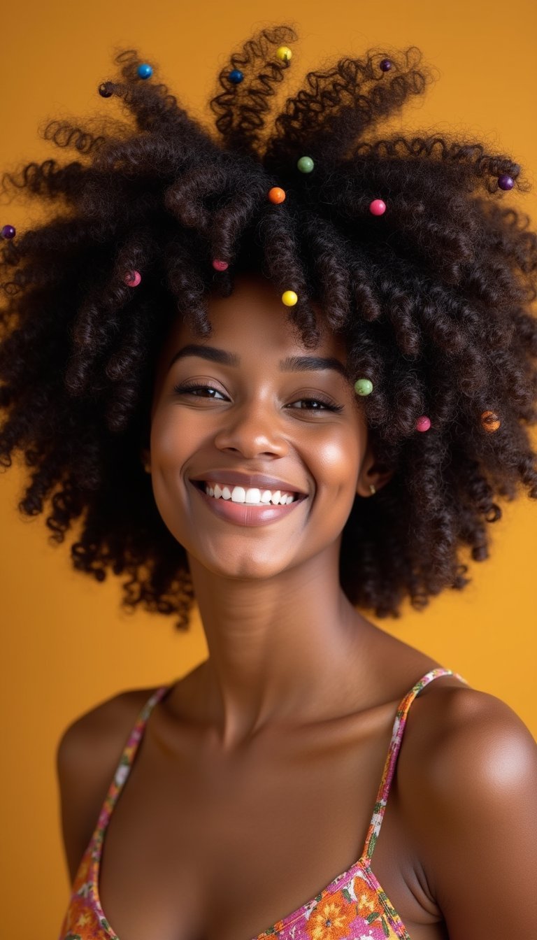 Fanned Out Curly Afro With Beads