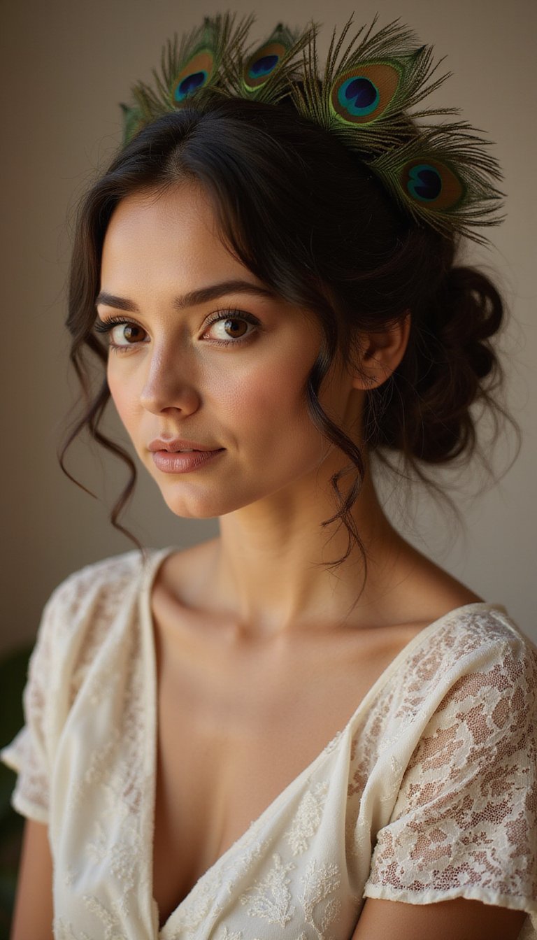 Peacock Feather Updo With Curl Halo