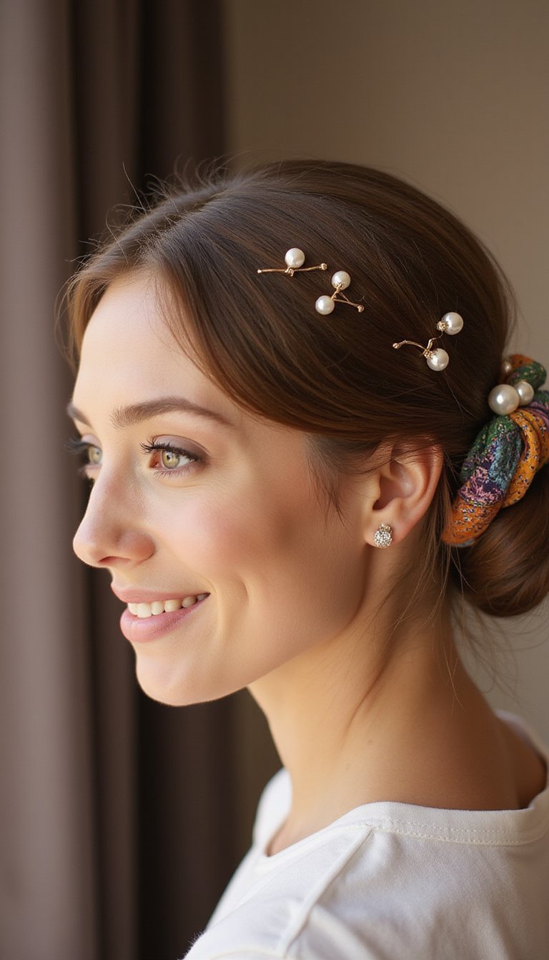 Pearled Low Bun With Colorful Wrap