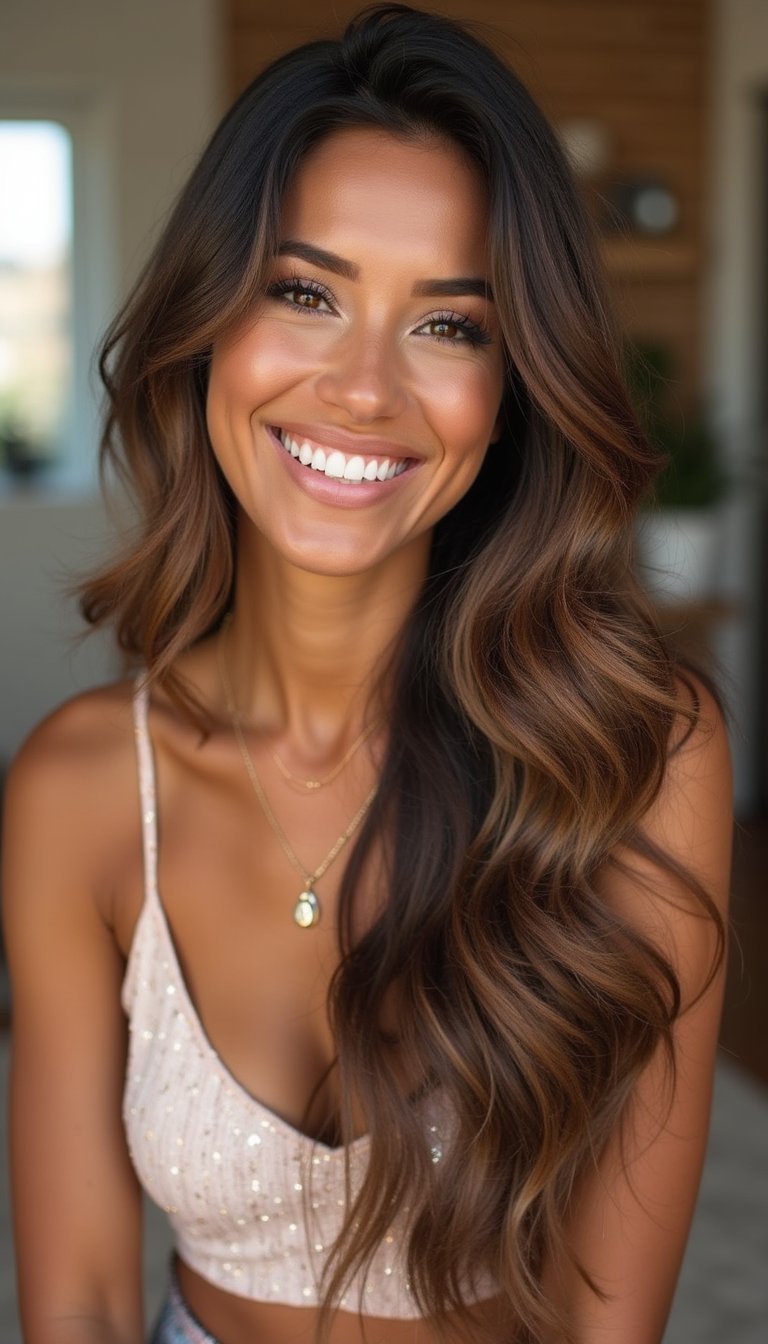 Sequin-Striped Long Layers With Teased Ends