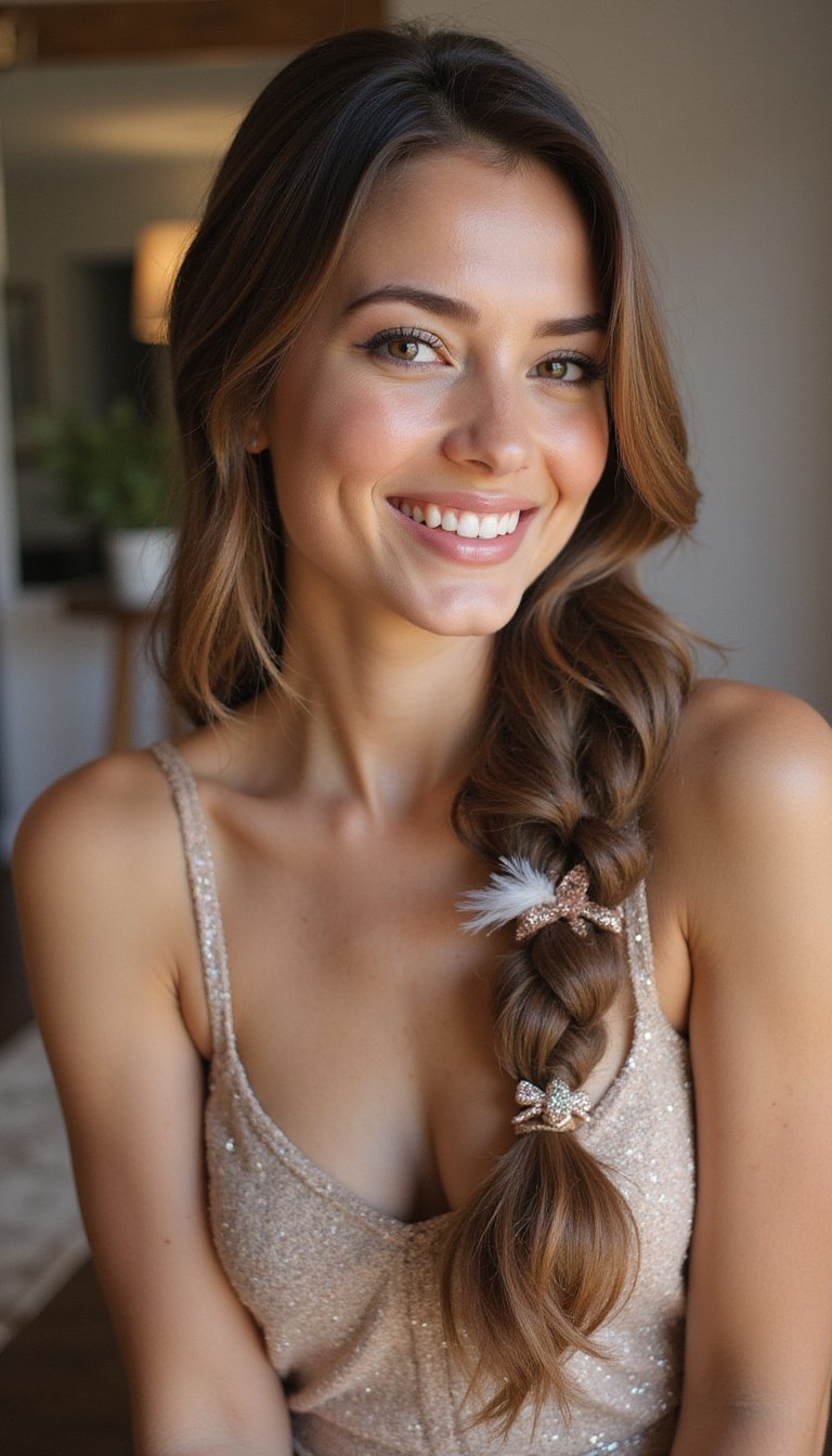 Sequined Side Braid With Feathered Accents