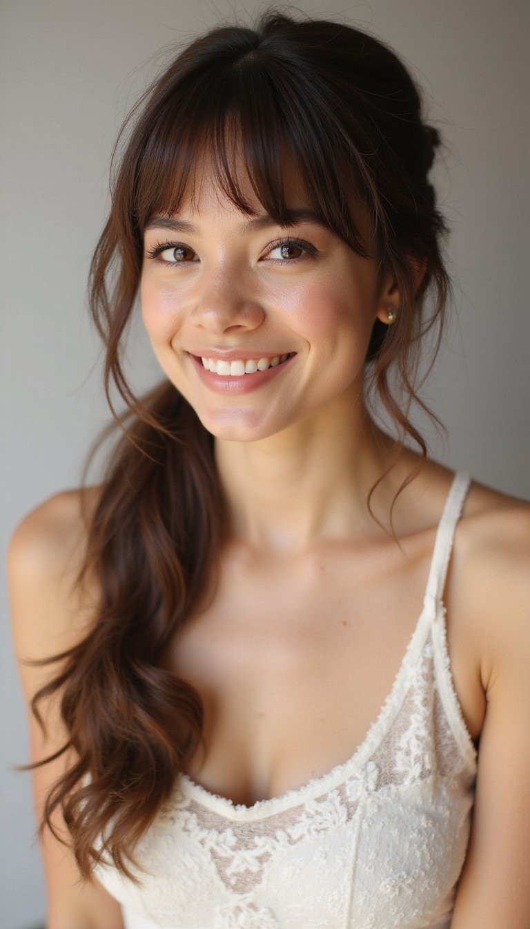 Low Ponytail With Curtain Bangs For Soft Framing