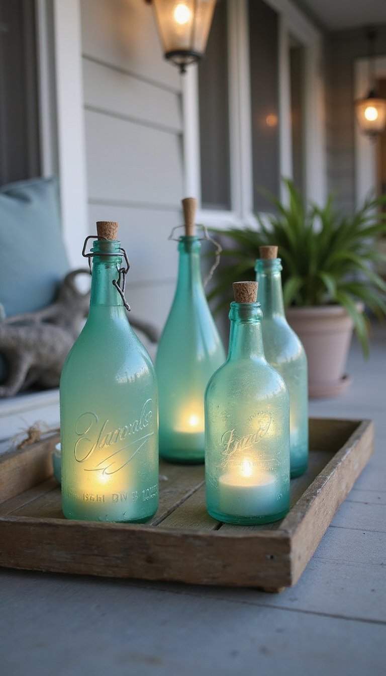 21 Coastal Cottage DIY Home Accents 6 Sea Glass Bottle Lights For Ambient Glow