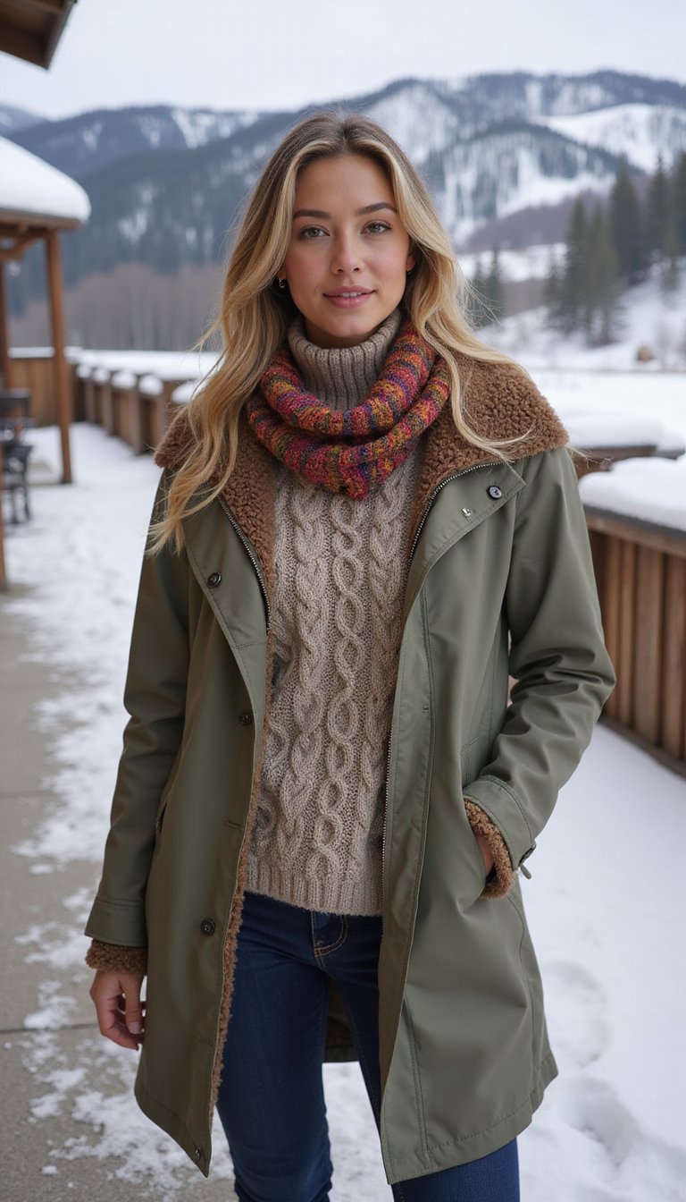 21 Cold Weather Travel Outfits 13 Chic Ski-Apéro Outfit With Layered Knit And Coat