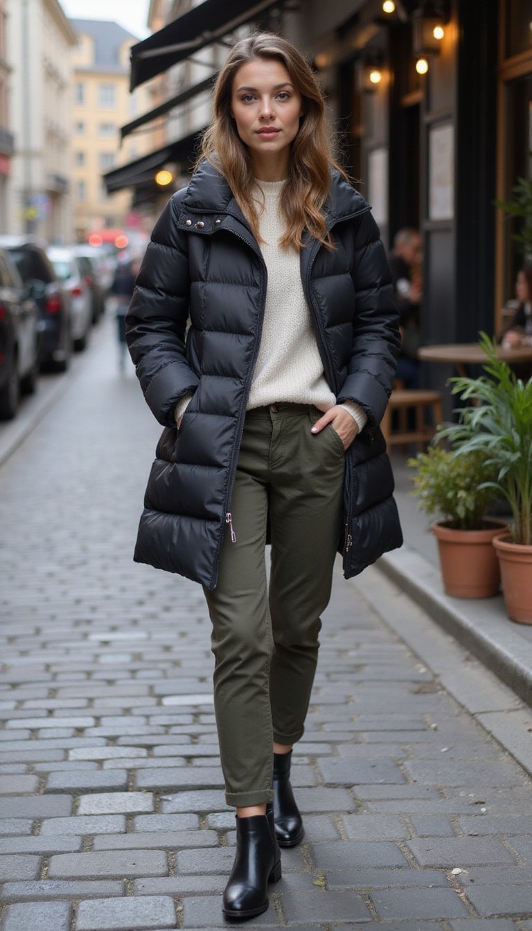 21 Cold Weather Travel Outfits 1 Compact Puffer Coat With Sleek Travel Layers