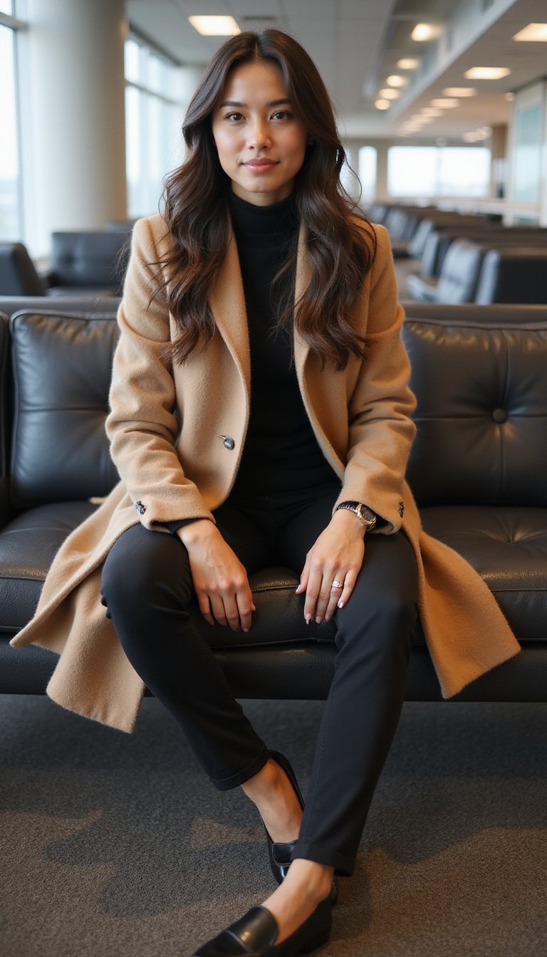 21 Cold Weather Travel Outfits 14 Flight-Friendly Wrap Coat With Stretch Pants