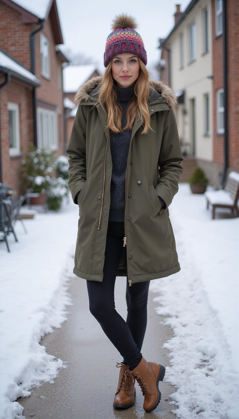 21 Cold Weather Travel Outfits 5 Insulated Parka With Knit Leggings And Boots