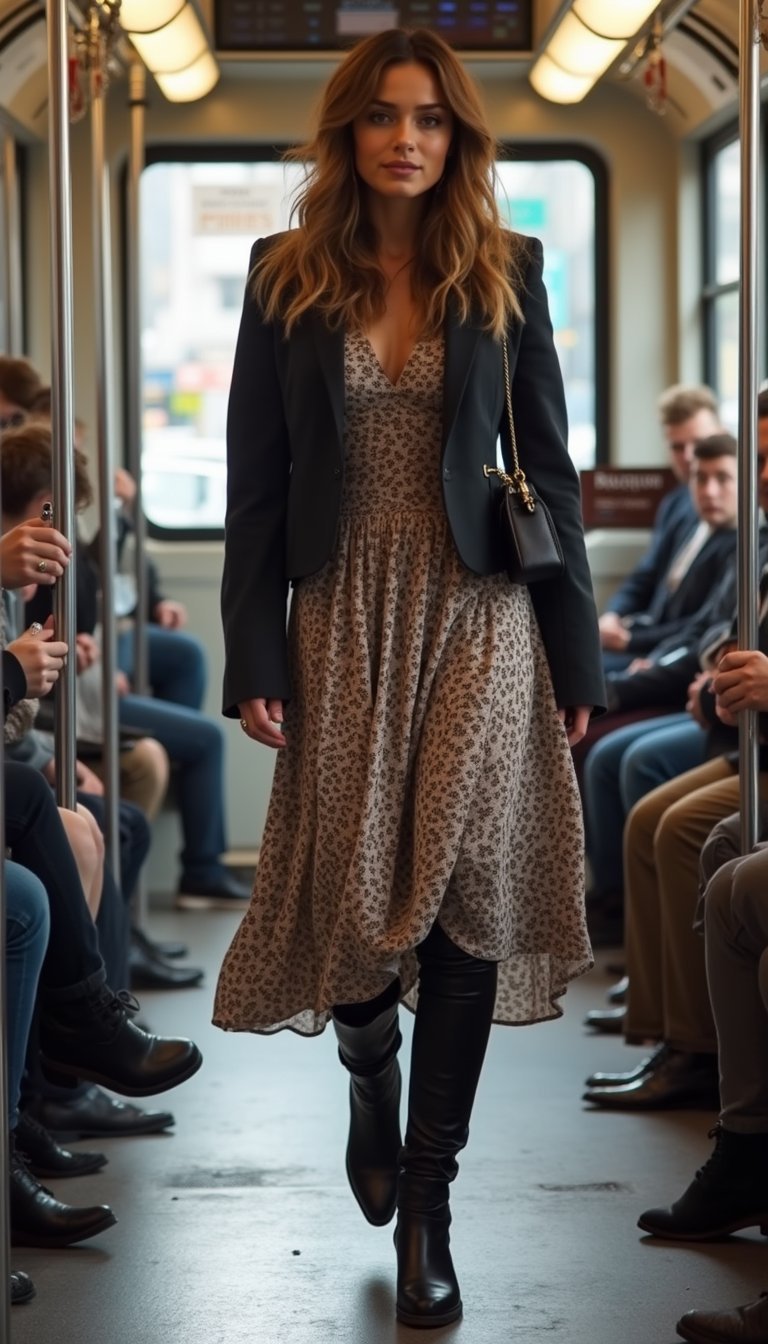 21 Cold Weather Travel Outfits 15 Layered Dress With Thermal Leggings And Tall Boots