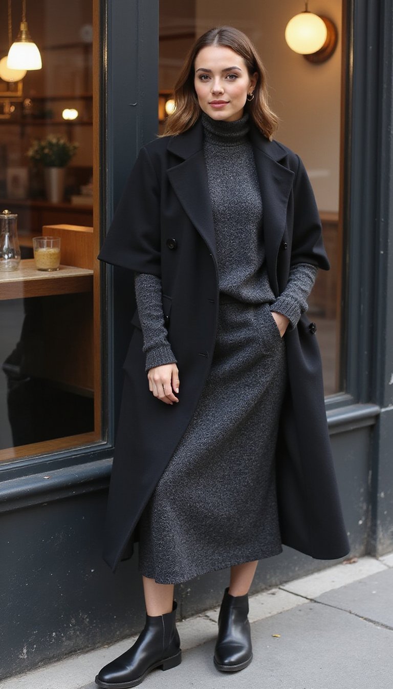 21 Cold Weather Travel Outfits 6 Monochrome Knit Set With Long Wool Overcoat