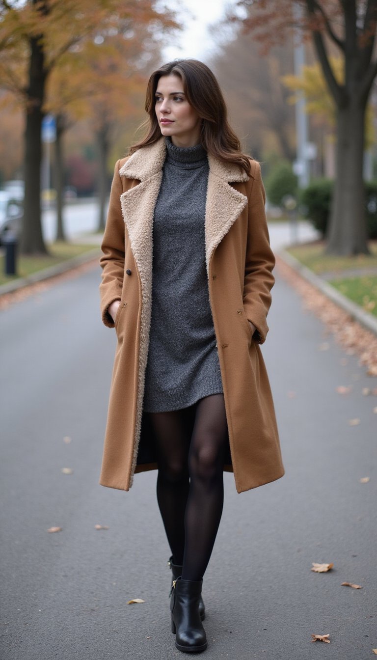 21 Cold Weather Travel Outfits 12 Shearling Collar Coat With Thermal Dress And Tights