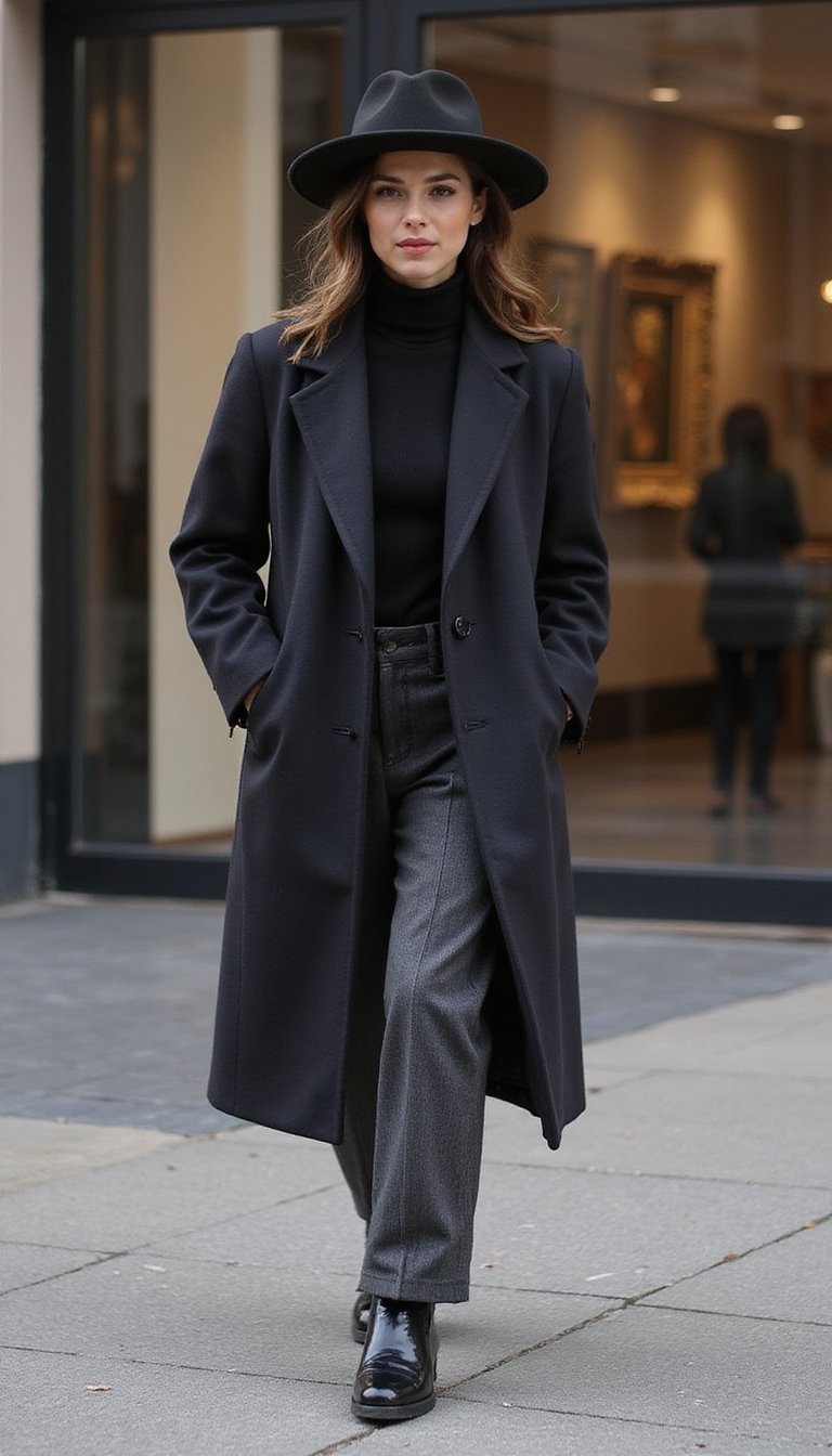 21 Cold Weather Travel Outfits 20 Tailored Coat With Wool Trousers And Statement Hat