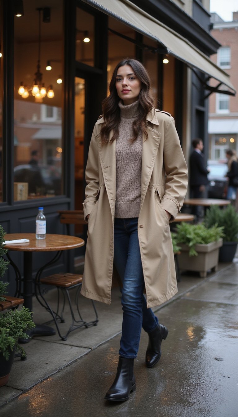 21 Cold Weather Travel Outfits 3 Technical Trench With Layered Knit And Scarf