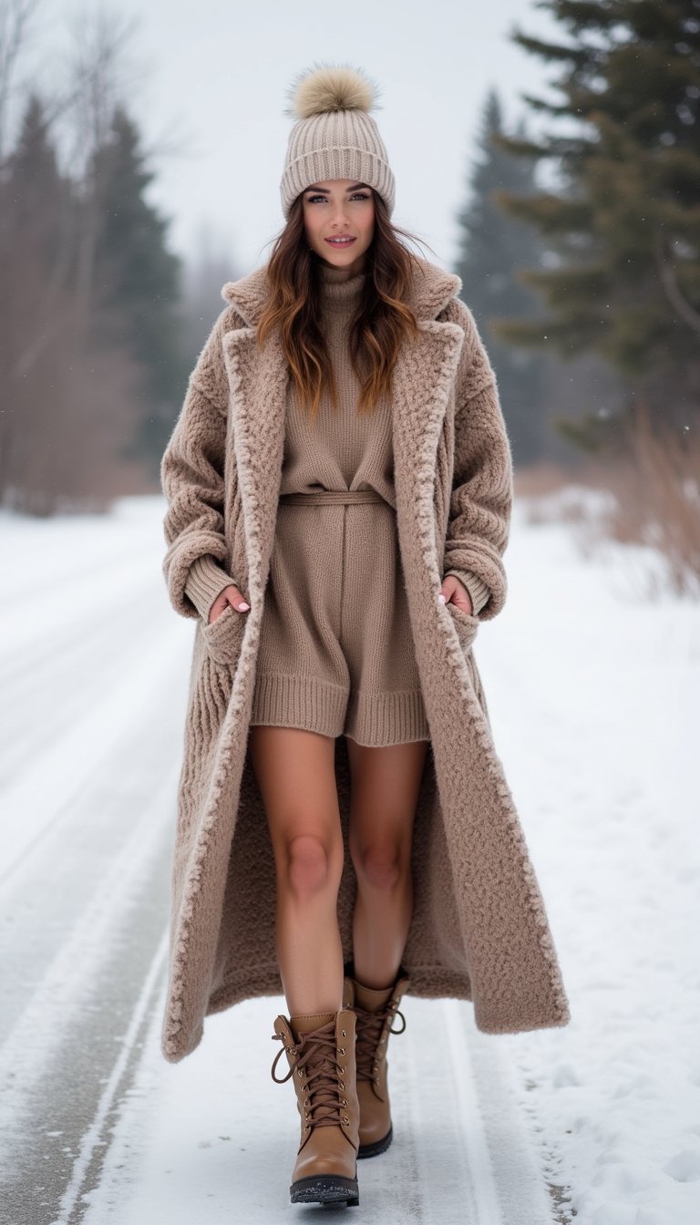 21 Cozy Apres Ski Outfit Ideas 16 Cozy Romper Paired With Thick Knit Overcoat