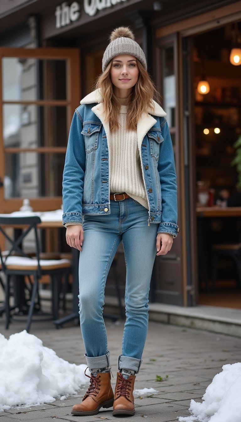 21 Cozy Apres Ski Outfit Ideas 11 Denim Jacket With Fleece Collar And Ski Socks
