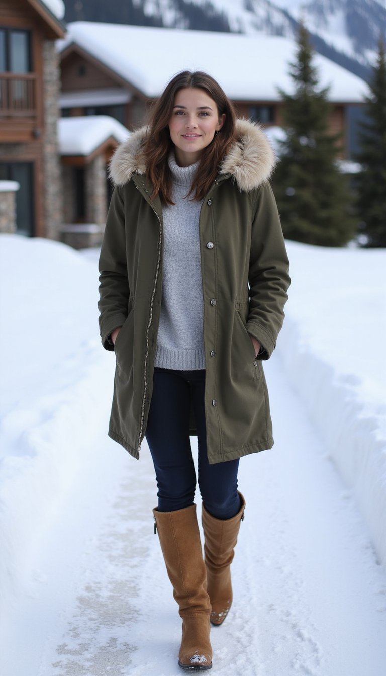 21 Cozy Apres Ski Outfit Ideas 6 Faux Fur Trim Parka And High Boots Ensemble