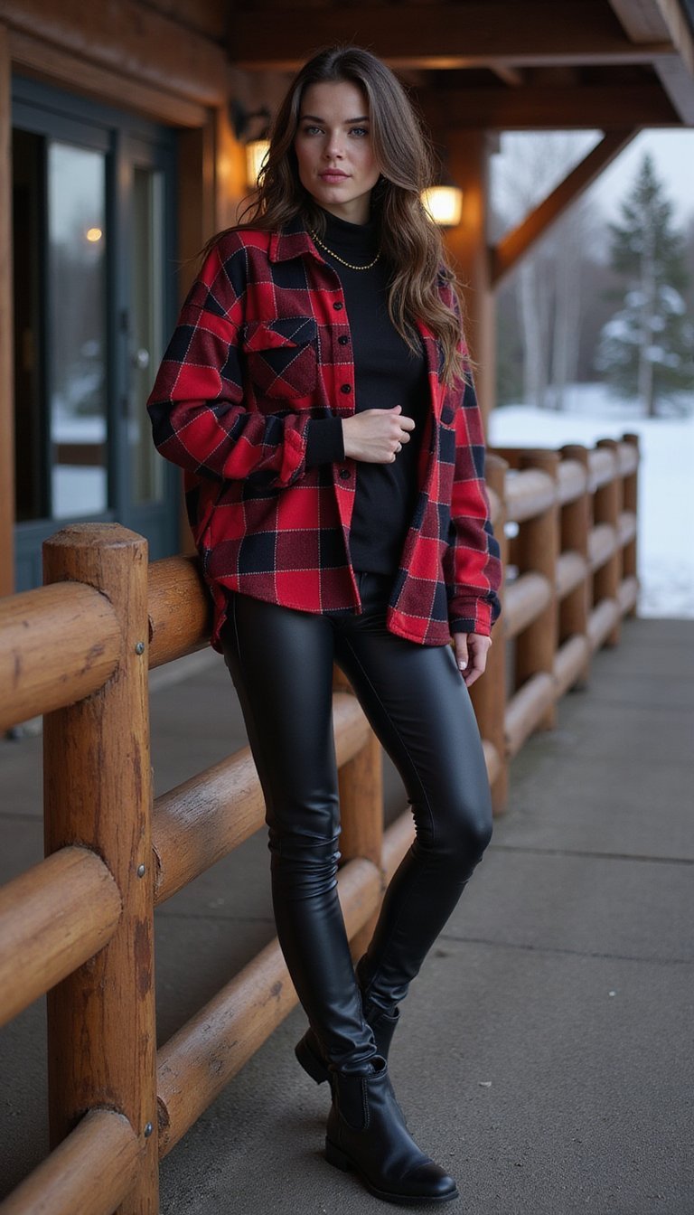 21 Cozy Apres Ski Outfit Ideas 15 Faux Leather Leggings With Oversized Flannel Shirt