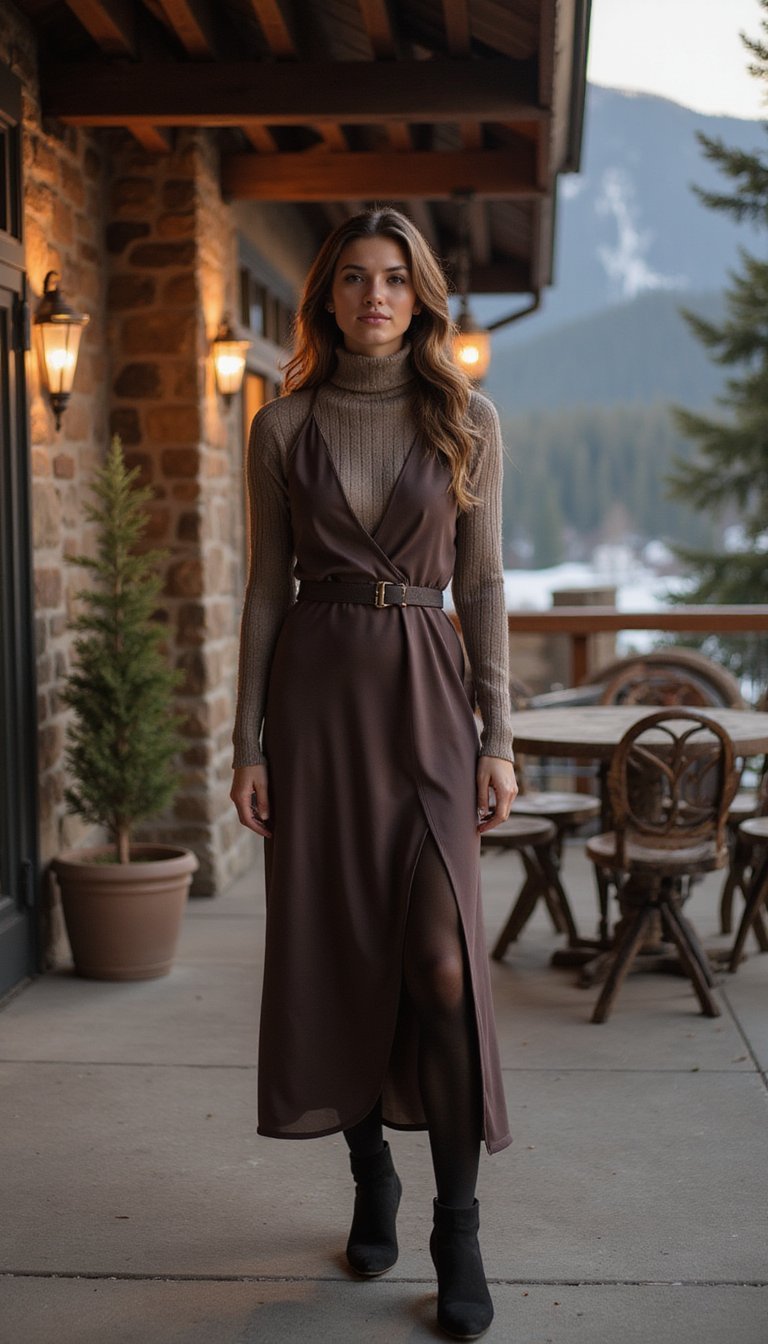 21 Cozy Apres Ski Outfit Ideas 20 Layered Turtleneck With Slip Dress And Boots