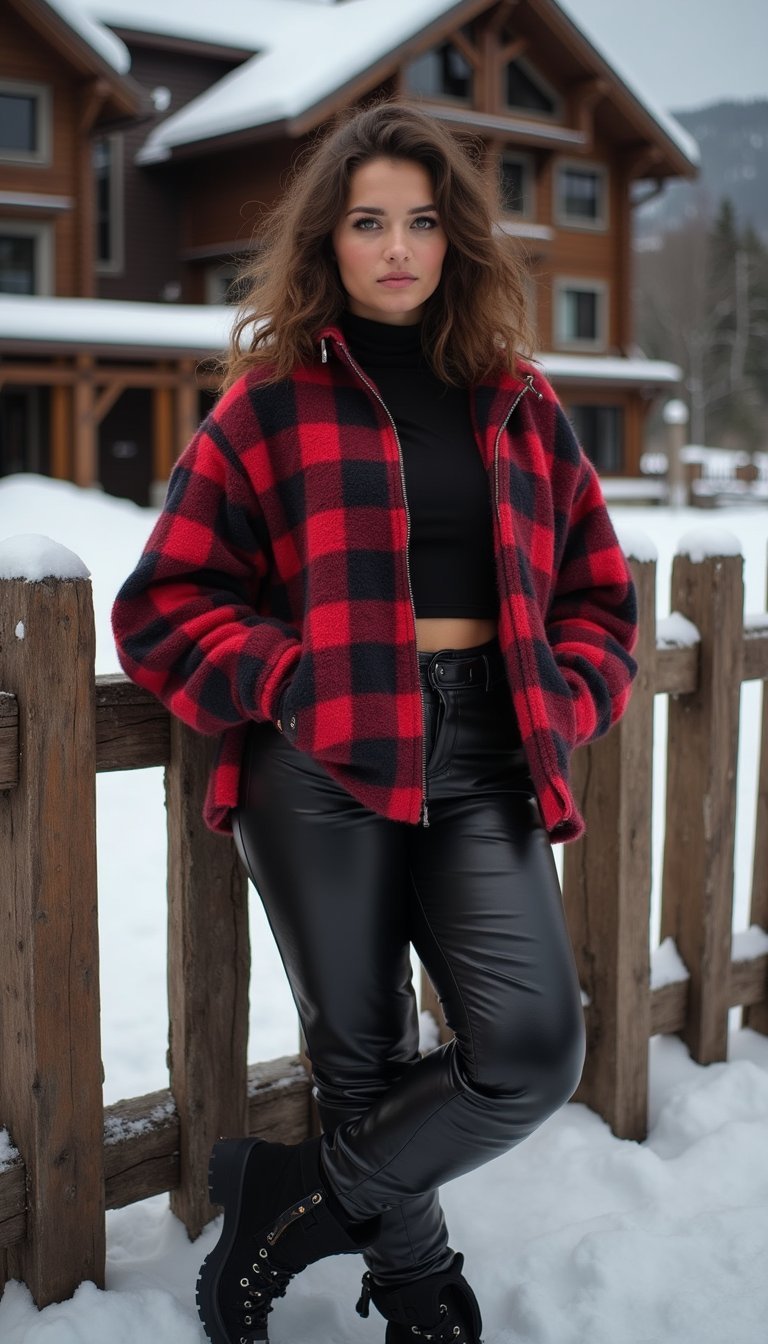 21 Cozy Apres Ski Outfit Ideas 4 Plaid Flannel Shirt Paired With Leather Pants