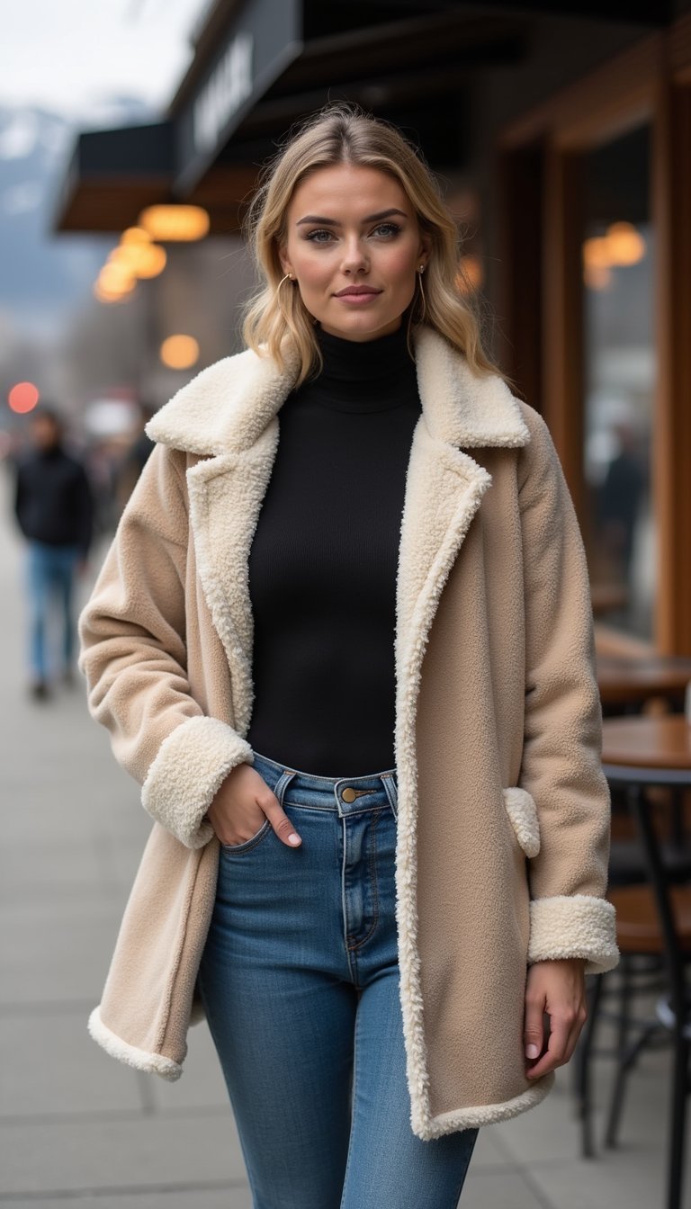 21 Cozy Apres Ski Outfit Ideas 9 Sherpa Lined Overshirt Over Turtleneck Bodysuit