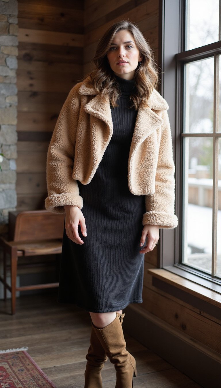 21 Cozy Apres Ski Outfit Ideas 2 Turtleneck Midi Dress And Shearling Jacket Combo