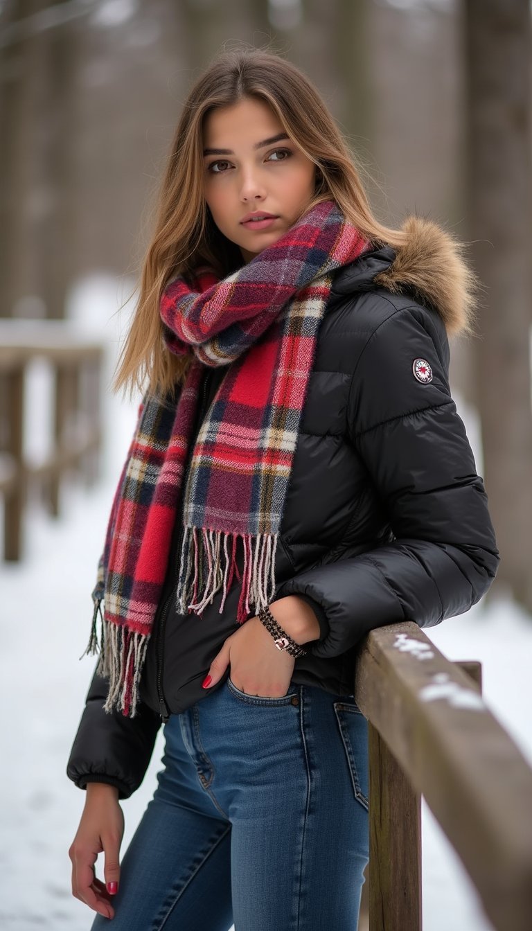 21 Cozy Apres Ski Outfit Ideas 21 Vintage Plaid Blanket Scarf With Cropped Puffer