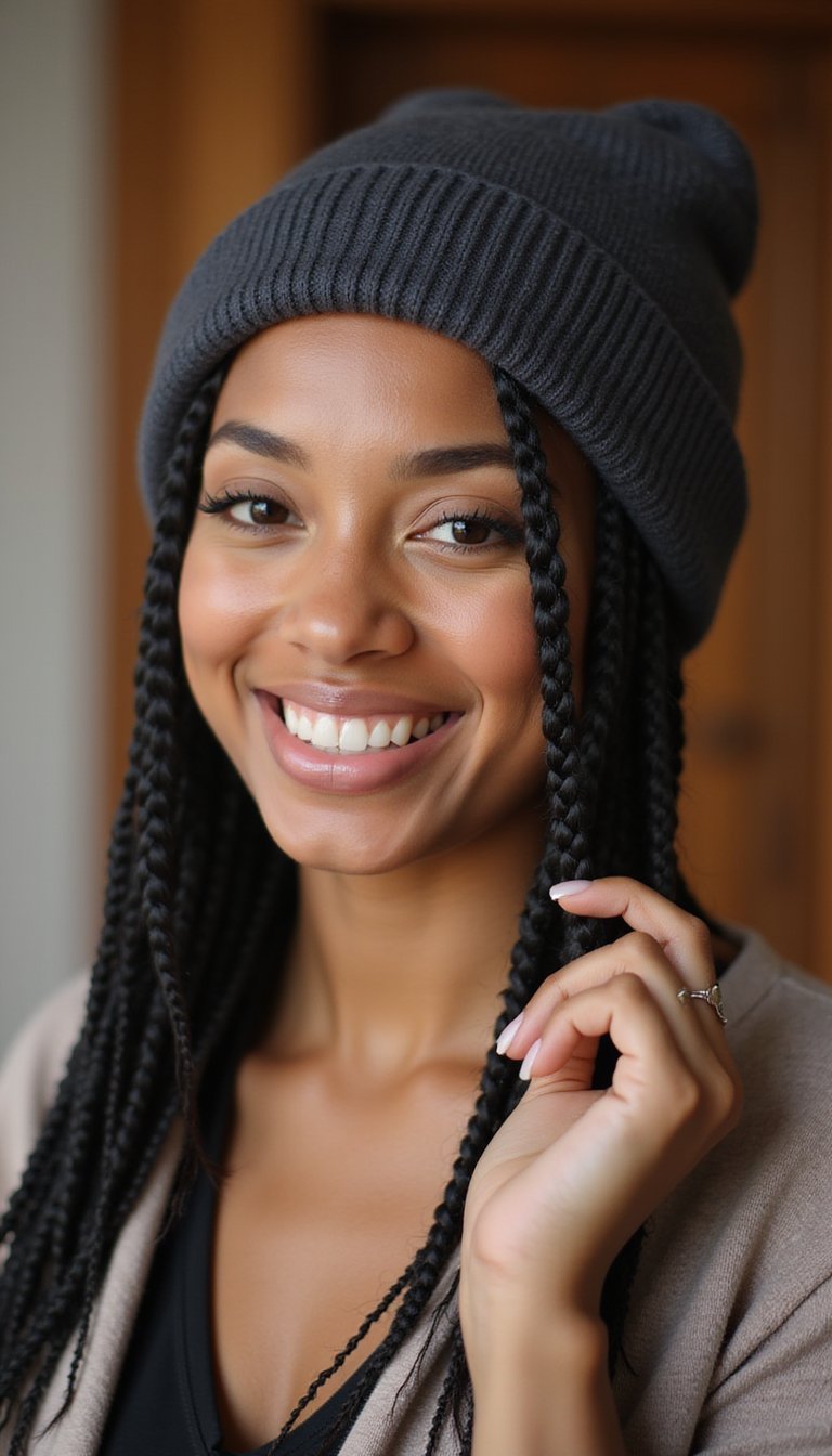 21 Cozy Beanie Friendly Hairstyles 11 Loose Boxer Braids For Sporty Beanie Vibe