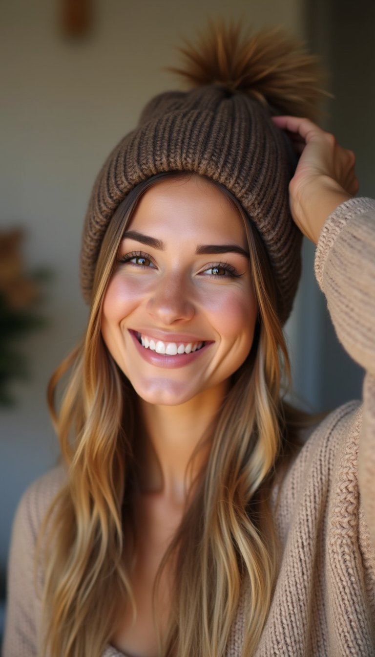 21 Cozy Beanie Friendly Hairstyles 2 Messy Low Bun Under A Cozy Beanie