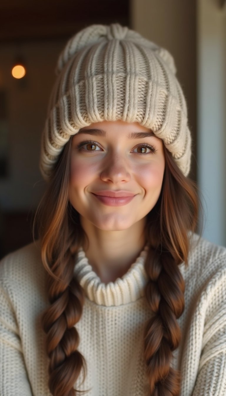 21 Cozy Beanie Friendly Hairstyles 16 Mini Braids Cascading Under Chunky Beanie