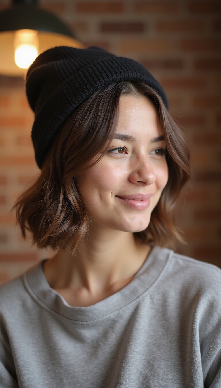 21 Cozy Beanie Friendly Hairstyles 12 Short Bob Styled To Fit Under Beanie