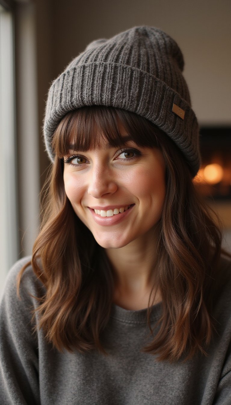 21 Cozy Beanie Friendly Hairstyles 15 Side-Swept Fringe With Beanie Headband Look