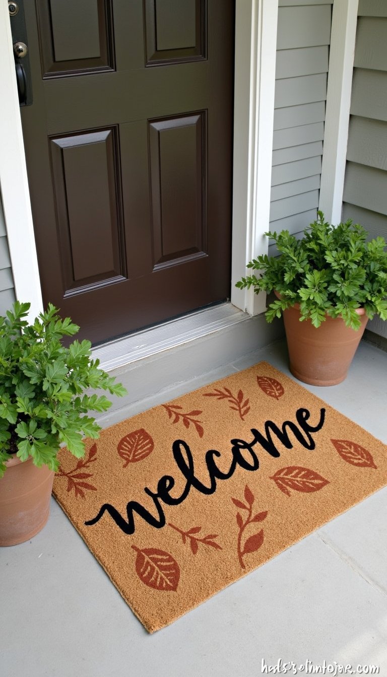 21 Cozy Fall Porch Decor DIY Projects 18 Painted Doormat With Leaf Motif And Welcome Text