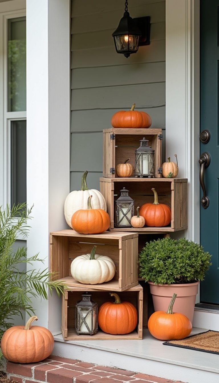 21 Cozy Fall Porch Decor DIY Projects 17 Stacked Wooden Crate Display For Layered Vignettes
