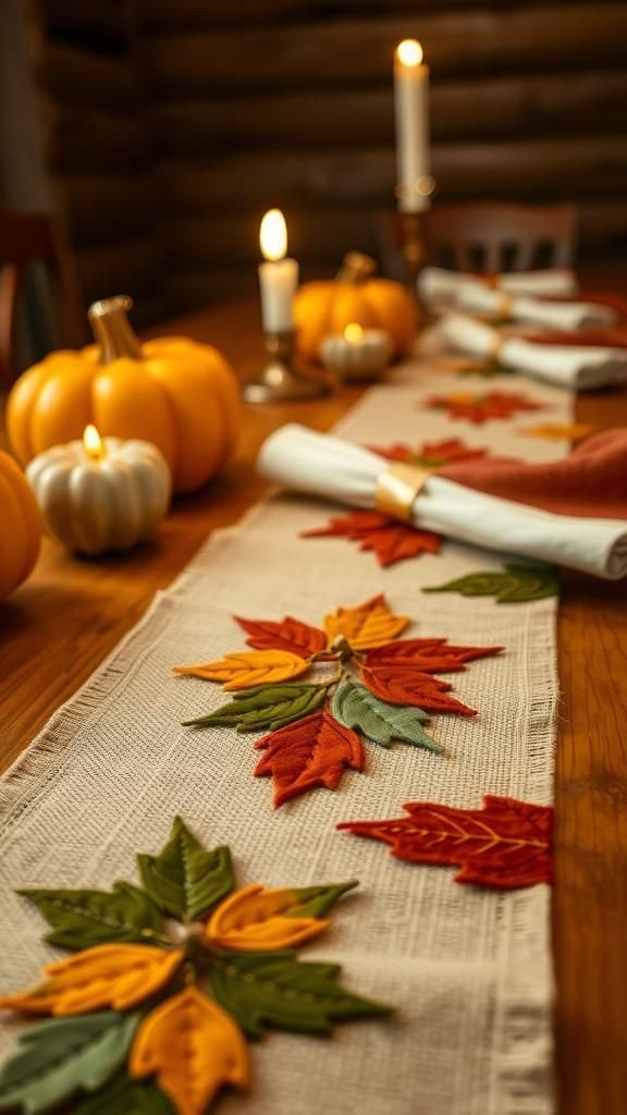 Burlap Table Runner With Stitched Leaf Appliqués