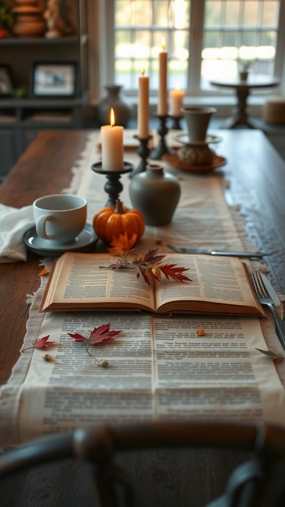 Vintage Book Page Table Runner With Autumn Quotes