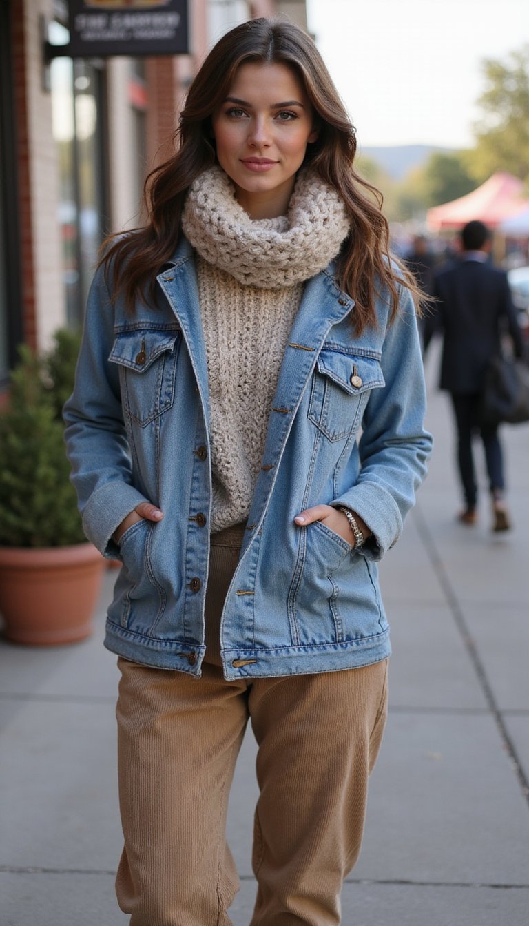 Denim Jacket, Knit Scarf And Corduroy Trousers