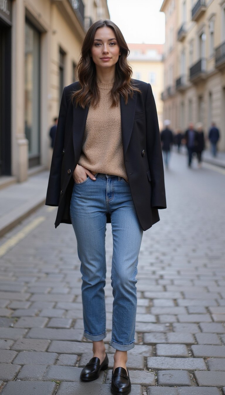 Layered Blazer Over Cozy Knit And Denim