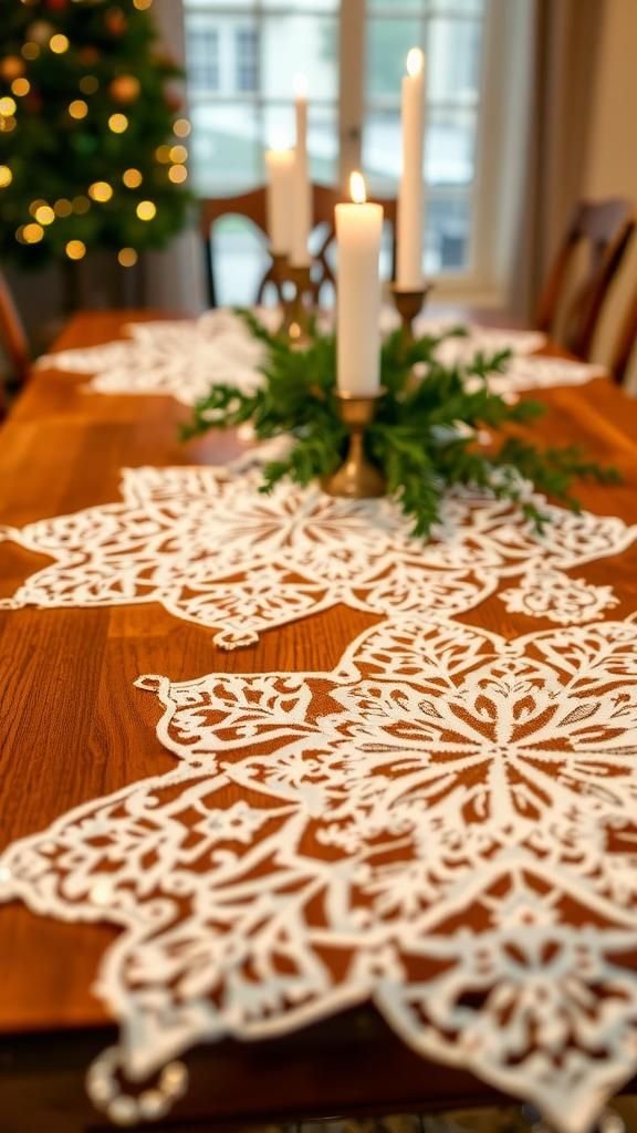 Frosted Doily Snowflake Table Runners Set