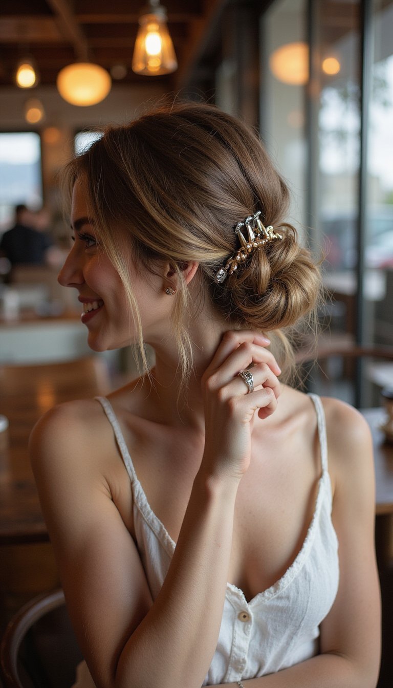 Messy Low Bun Held By A Chunky Claw Clip