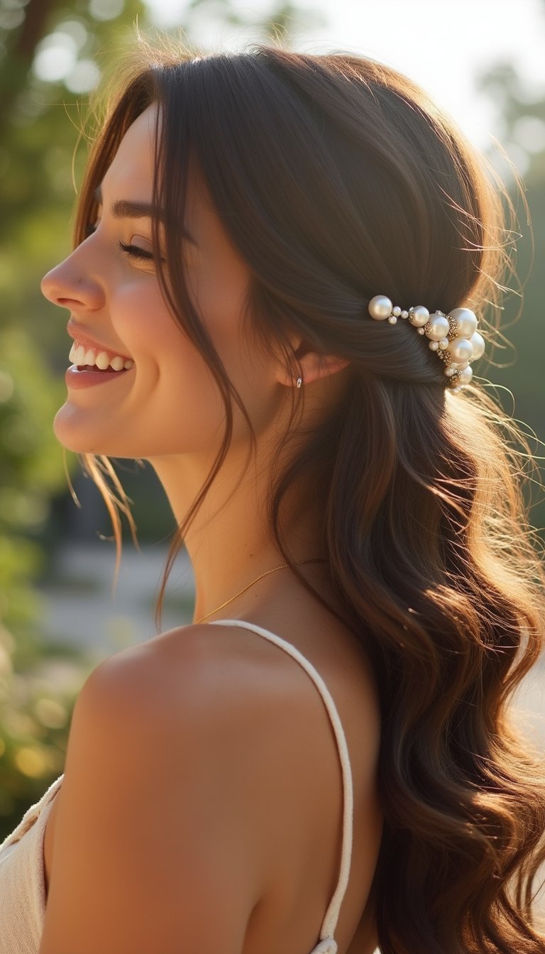 Pinned Back Waves With Pearl-Adorned Claw Clip