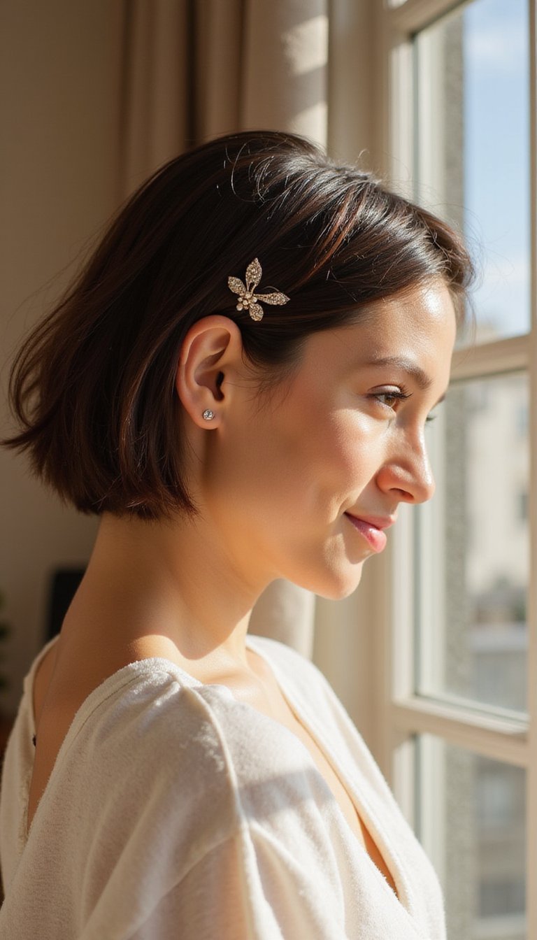 Short Bob Pinned Back With Tiny Claw Clip