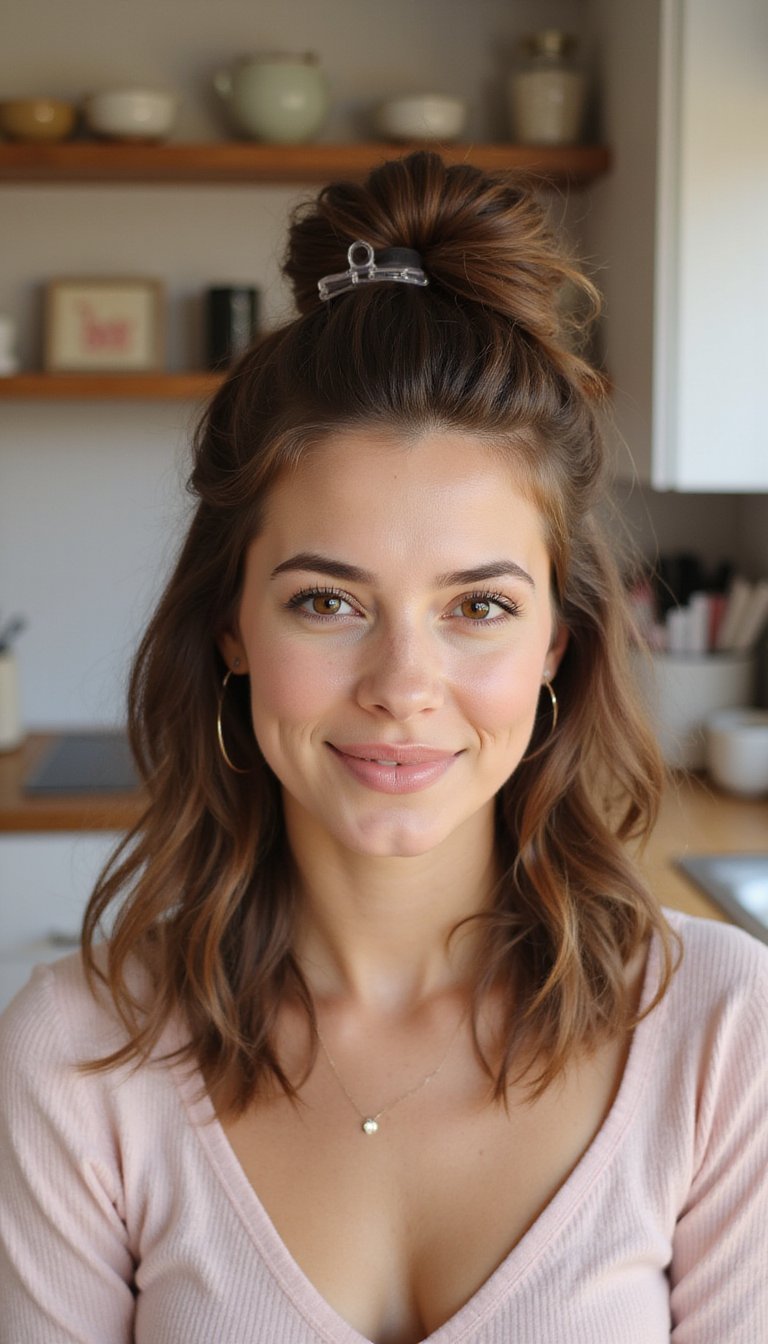 Textured Topknot Anchored With A Clear Claw Clip