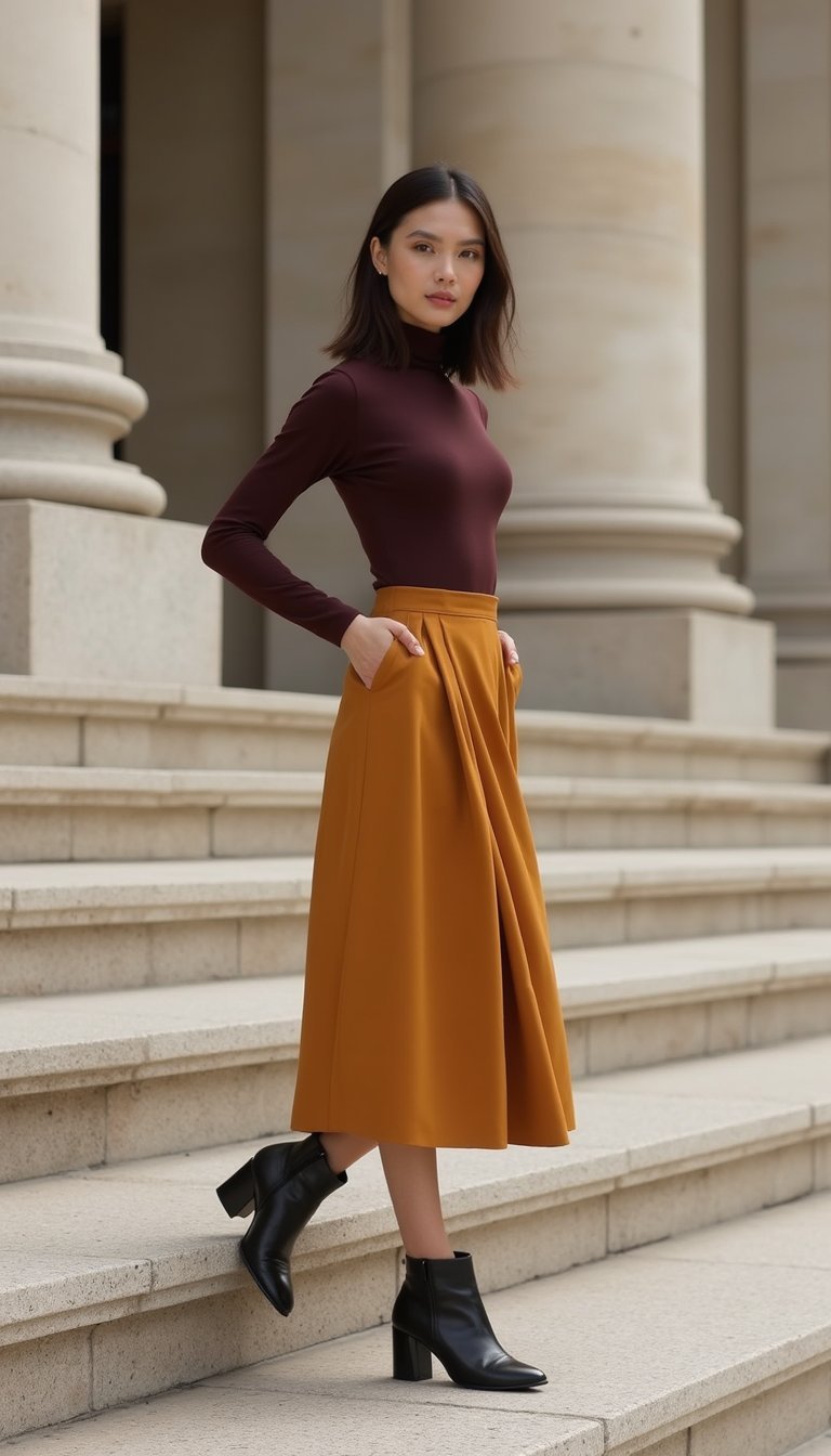 21 DIY Capsule Wardrobe Outfits 6 Soft Turtleneck With A-Line Midi Skirt
