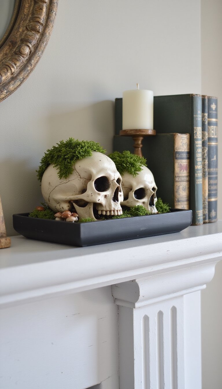 21 DIY Halloween Mantel Decor Ideas 4 Mossy Skull Vignette With Weathered Books