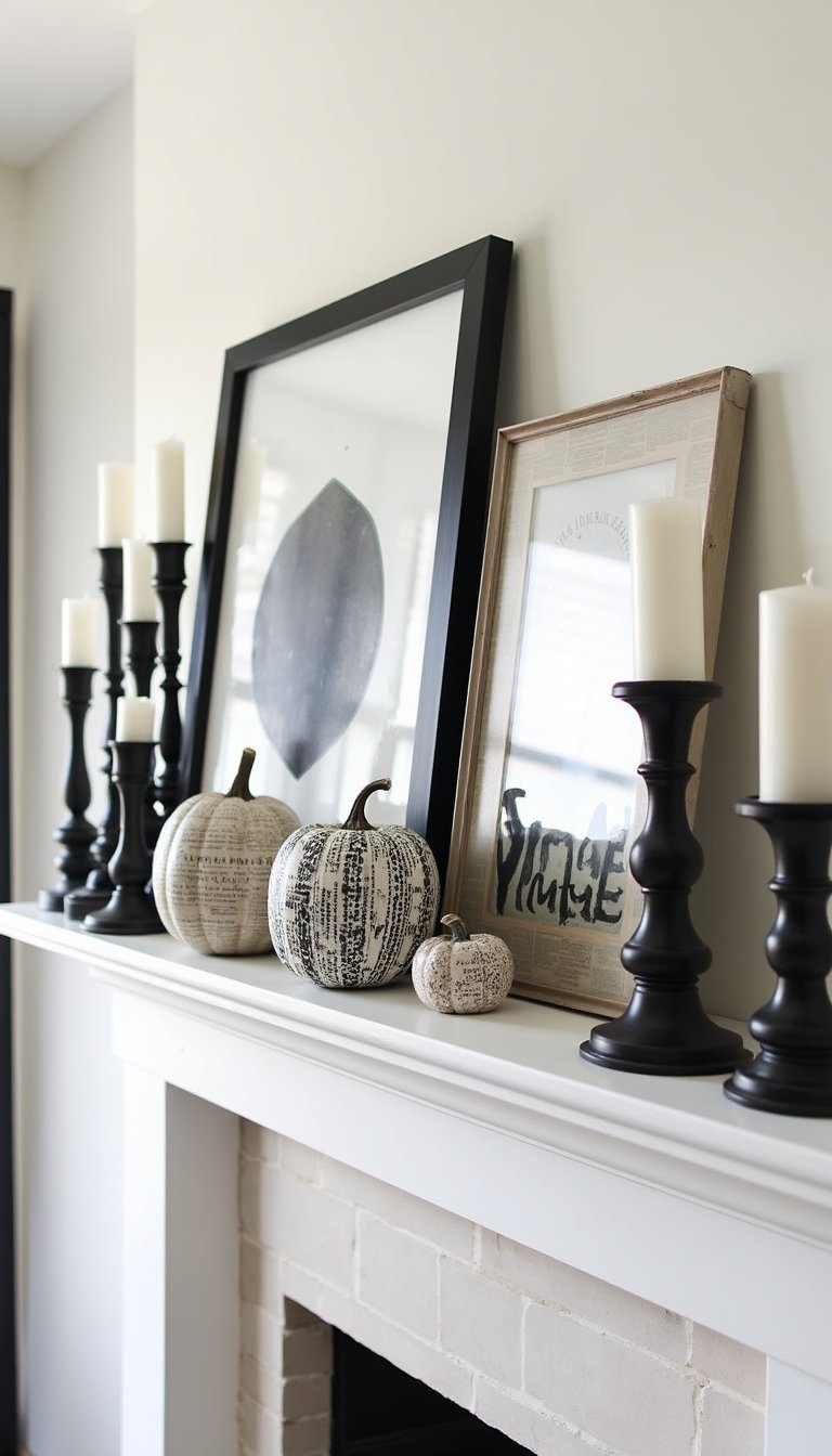21 DIY Halloween Mantel Decor Ideas 12 Newspaper Decoupage Pumpkins In Monochrome Style