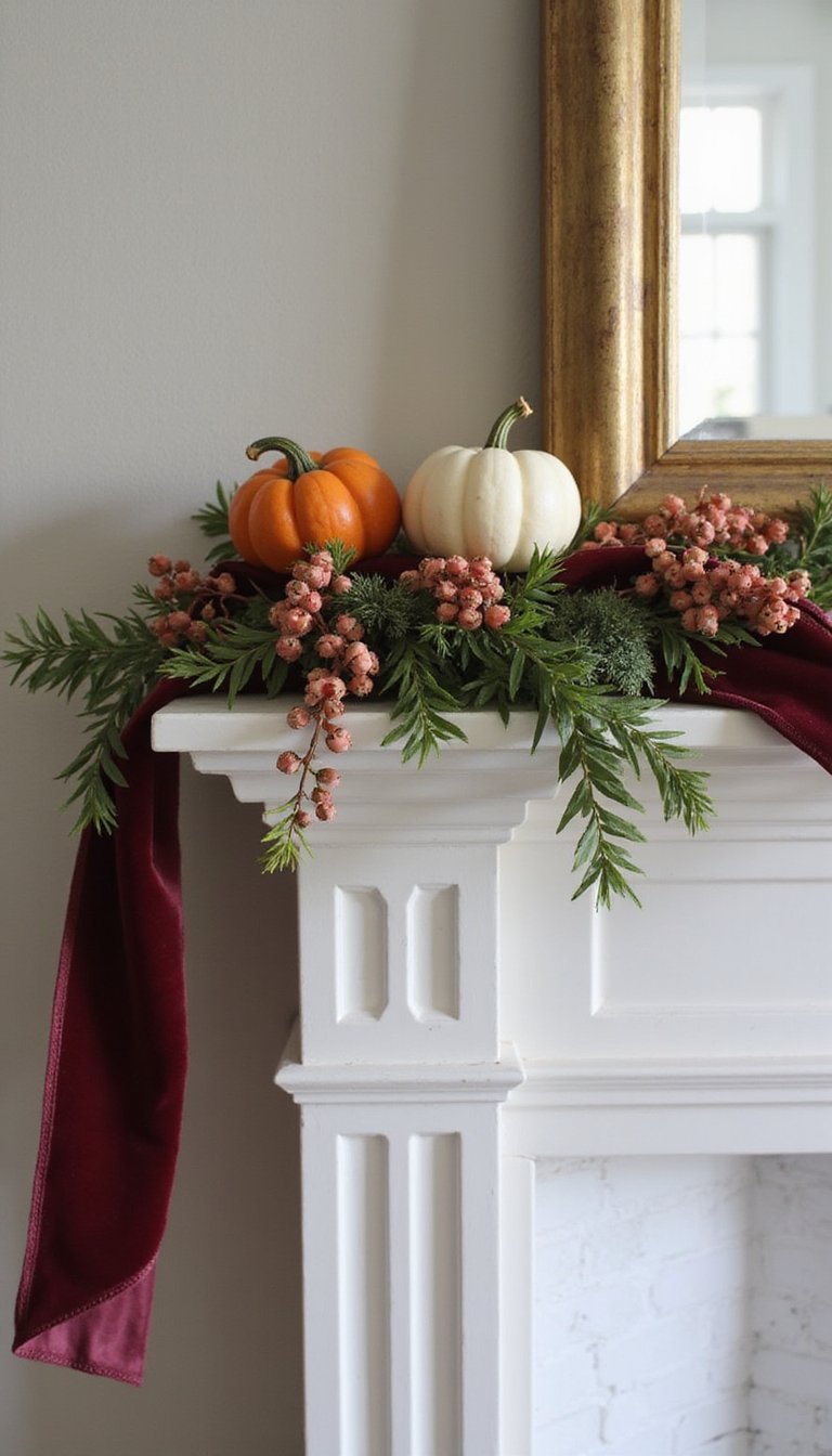 21 DIY Halloween Mantel Decor Ideas 13 Velvet Ribbon Drapes With Mini Pumpkins