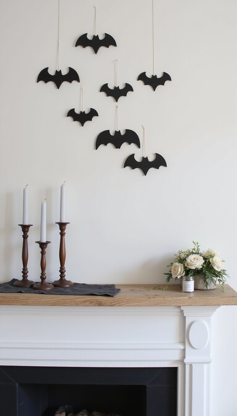 21 DIY Halloween Mantel Decor Ideas 16 Wooden Bat Mobiles In Flight Formation