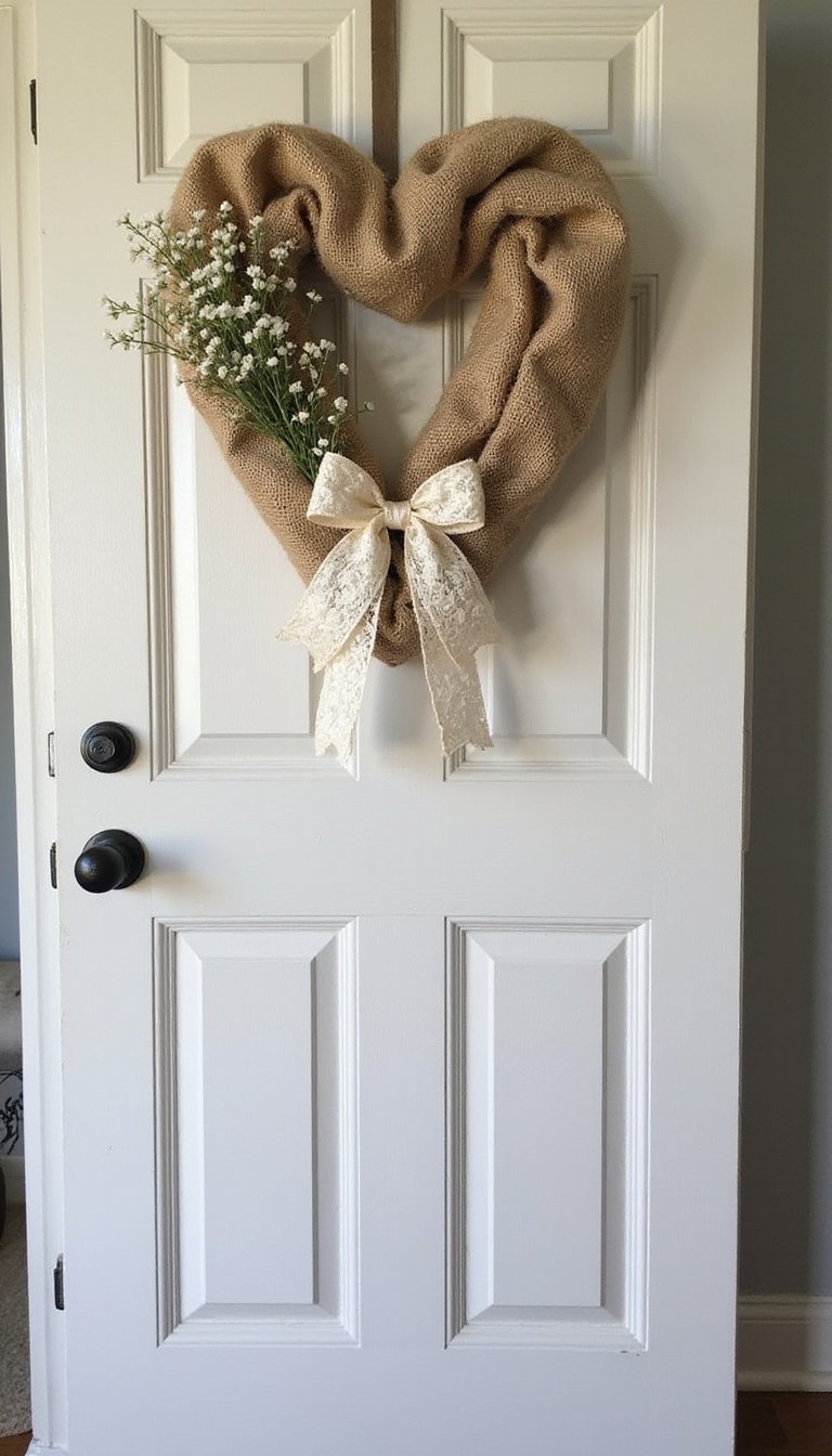 Rustic Burlap And Lace Heart Wreath For Farmhouse