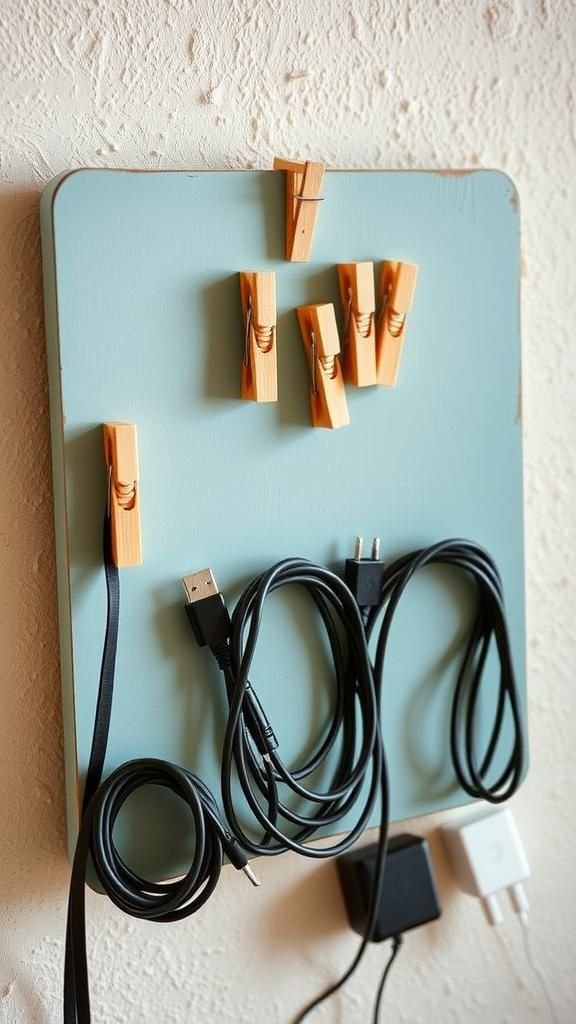 21 Dollar Store DIY Organizers 7 Clothespin Cord Wrap Station For Electronics