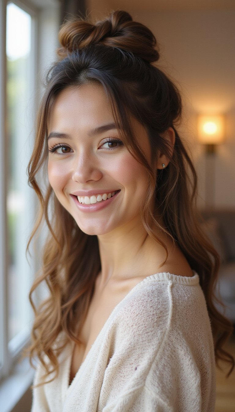 Curly Top Knot Half-Up Casual Look