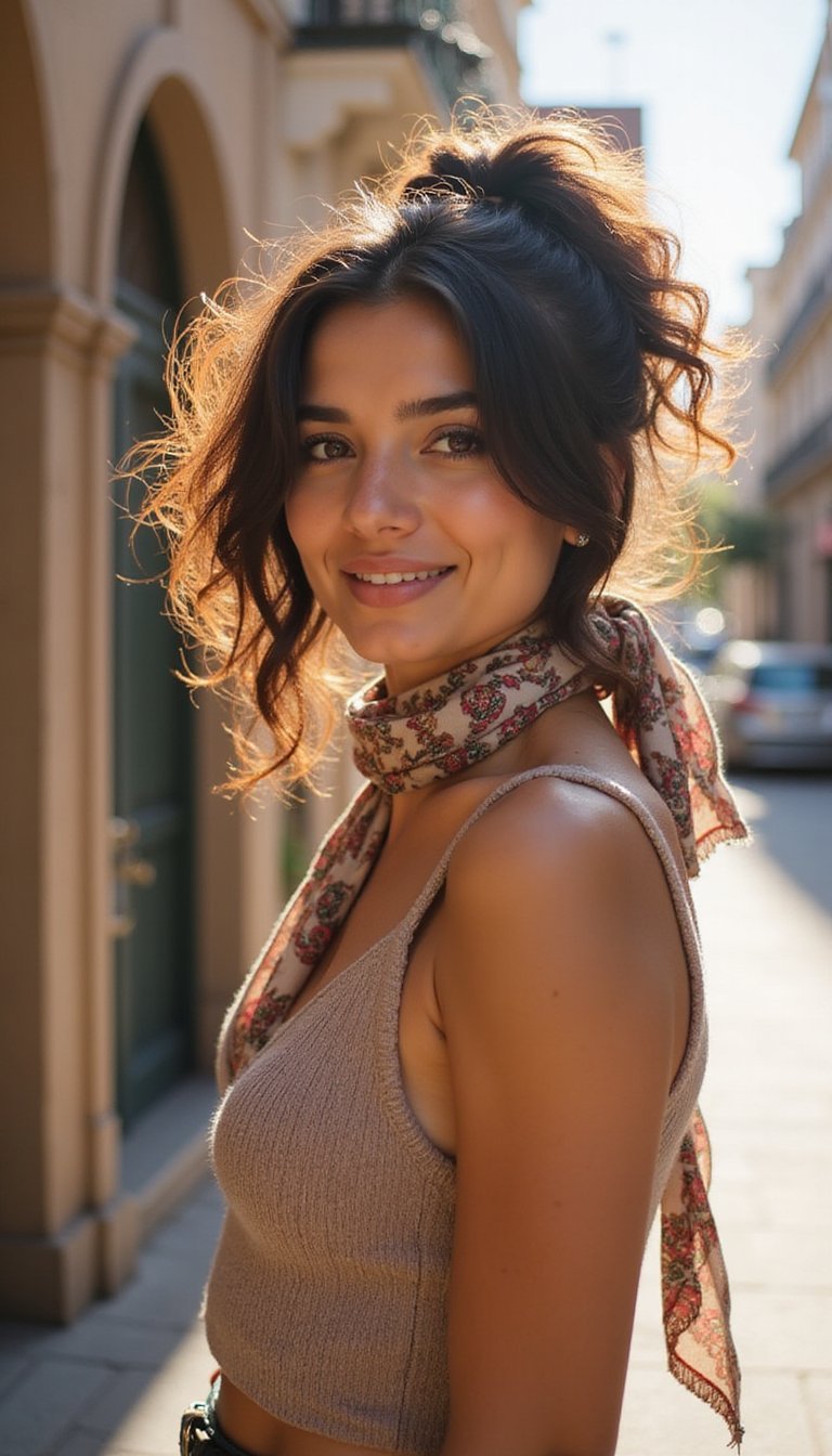 Scarf-Tied Pony With Retro Curly Vibe